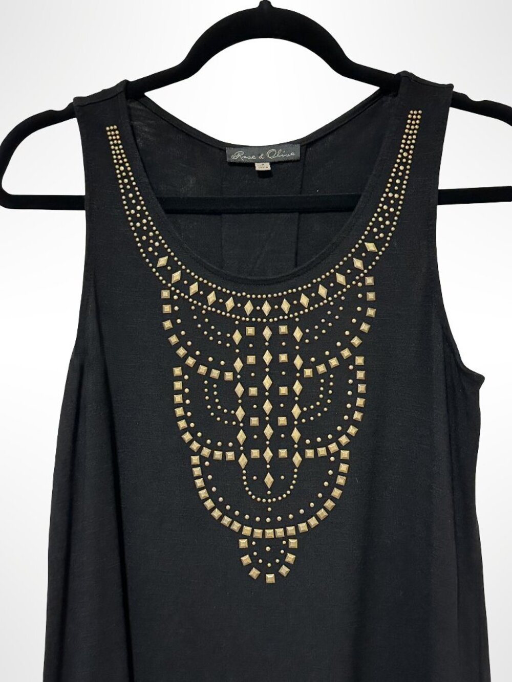 ROSE & OLIVE Black Graphic Drop Armhole Tank Top Embellished Size S